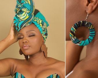 TEMI African Print Head Wrap and Matching Ankara Hoop Earrings - African Hair Accessories |African Hair Wrap | African Jewellery