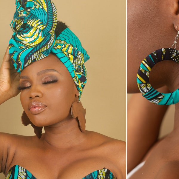 TEMI African Print Head Wrap and Matching Ankara Hoop Earrings - African Hair Accessories |African Hair Wrap | African Jewellery