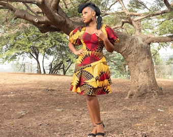 KEONDRA African Print Ankara Dress - Yellow, Red - Ankara Dresses for Women | UK 10 / US 6 | Handmade in Nigeria