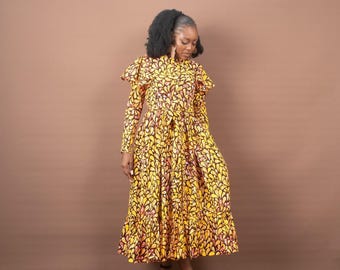 AHYANA African Print Ankara Midi Shirt Dress | Long Sleeve Dress | UK 10 / US 6 | Handmade in Nigeria