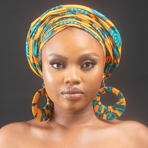 HAZINA Foulard africain imprimé Ankara avec choix de boucles d&#39;oreilles Ankara assorties | Accessoires pour cheveux africains | Bijoux africains