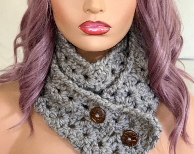 Featured listing image: Crocheted Chunky Button Scarf~ Pearl Gray***Ready to Ship***