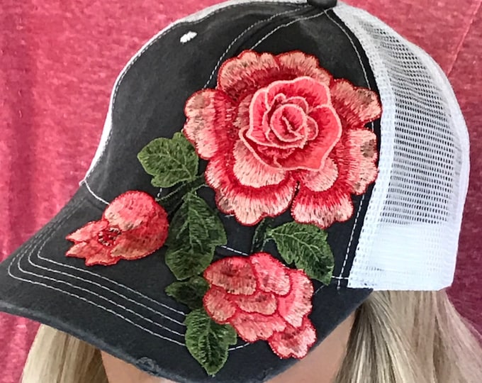 Featured listing image: Rose Trucker Hat ~ Charcoal Gray, White,Coral, ***Ready to Ship***