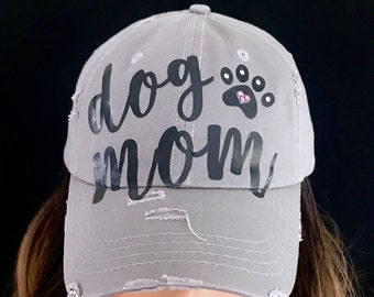 DOG MOM Distressed Baseball Hat ~ Gray  ***Ready to Ship***