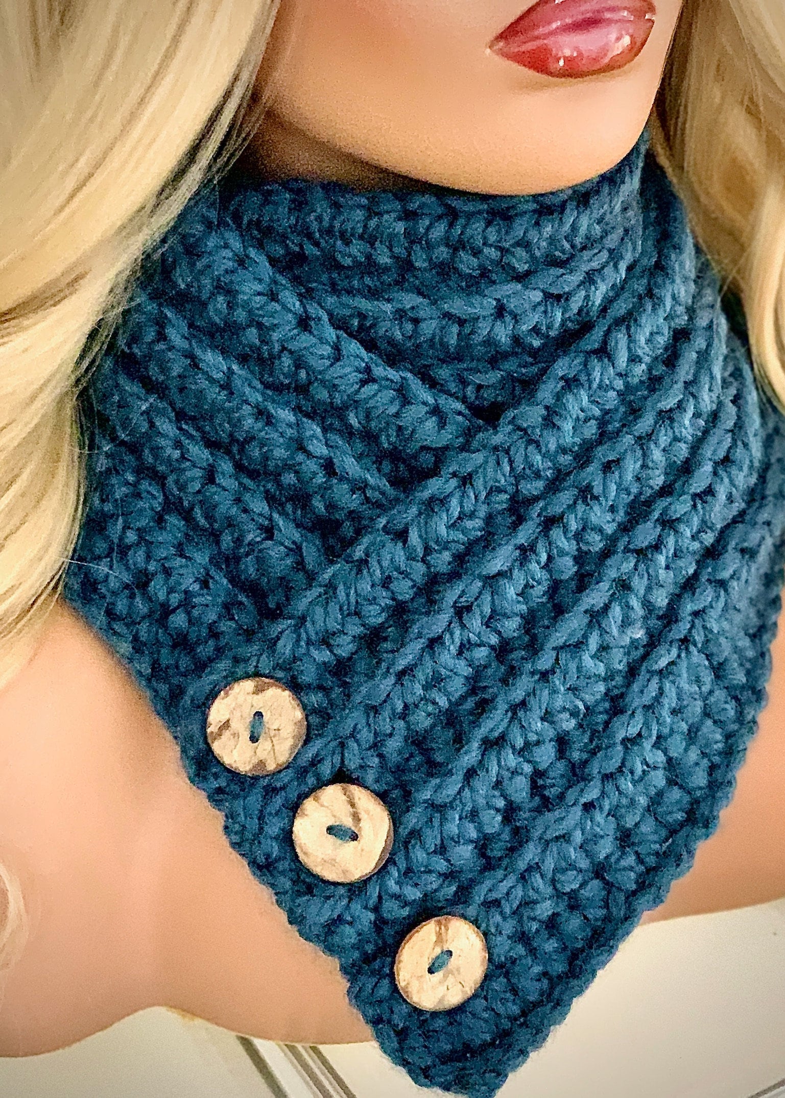 Crocheted Chunky Button Scarf Blue Denim ***Ready to Ship****