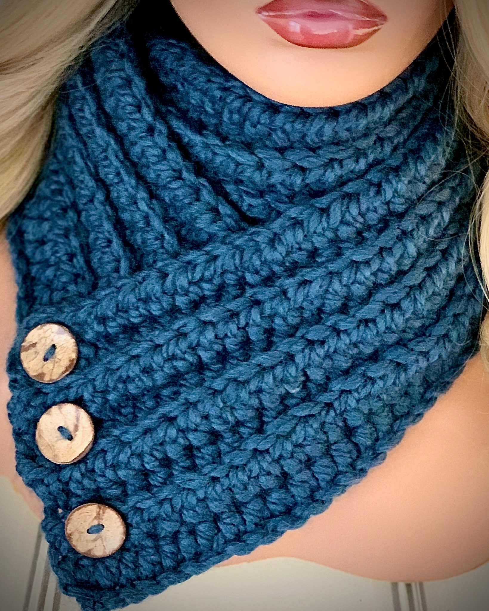 Crocheted Chunky Button Scarf ~ Blue Denim ~ ***Ready to Ship****
