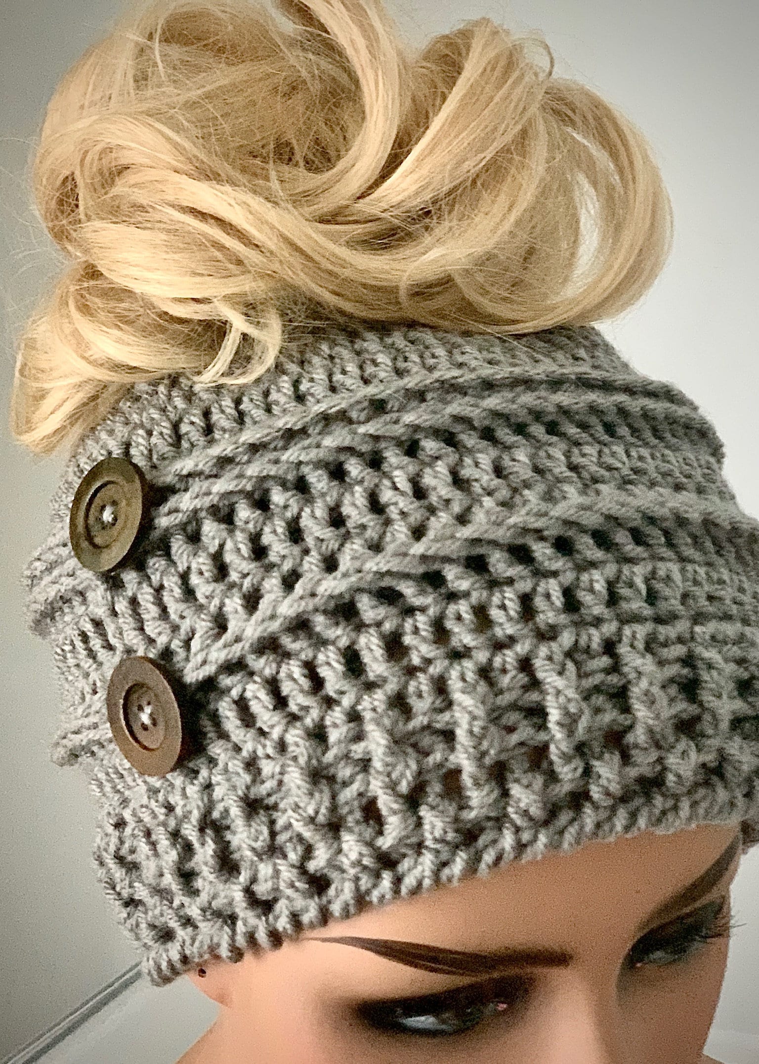 Crocheted Messy Bun Beanie Dove Gray ***Ready to Ship***