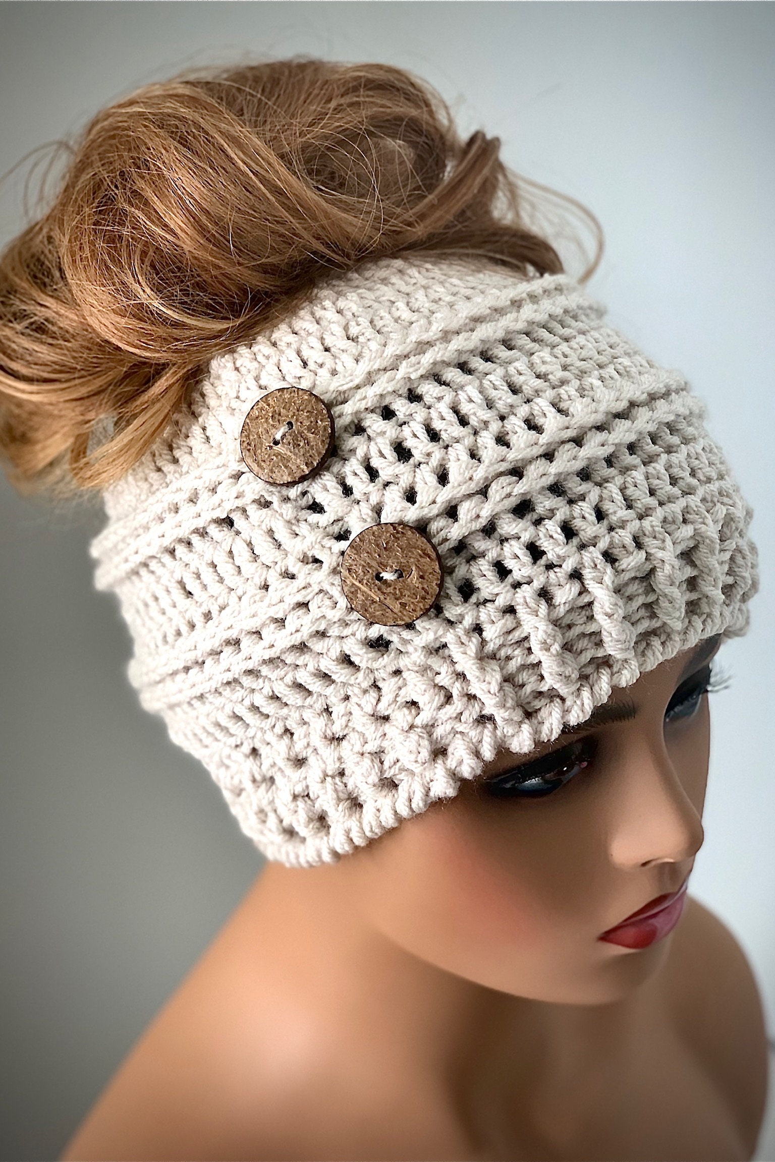 Crocheted Messy Bun Beanie Linen ***Ready to Ship***