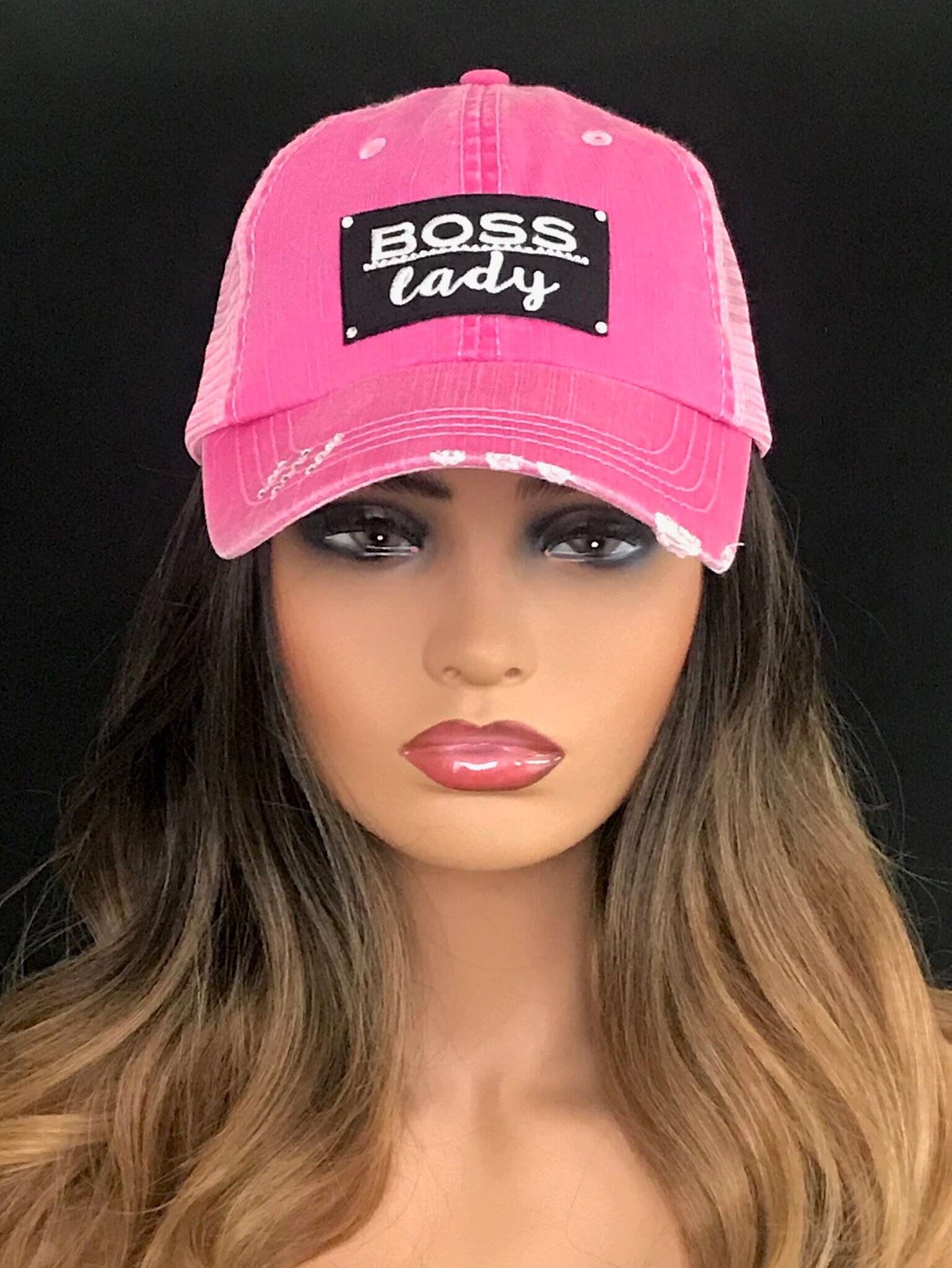 BOSS LADY Distressed Baseball Hat Pink ***Ready to Ship***