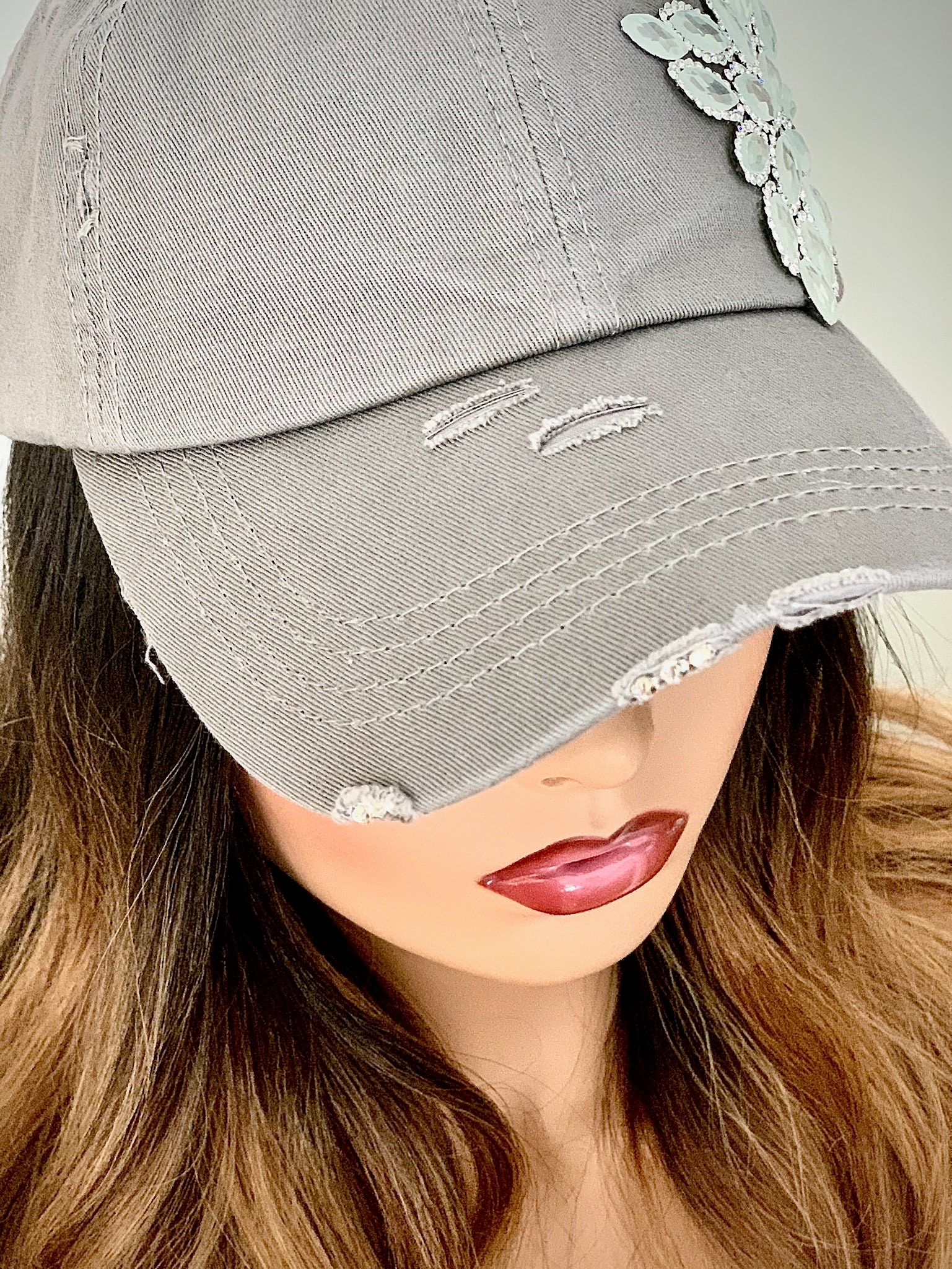 Bling hat~Crystal Appliqué~Gray Ponytail Baseball Hat***Ready to Ship***