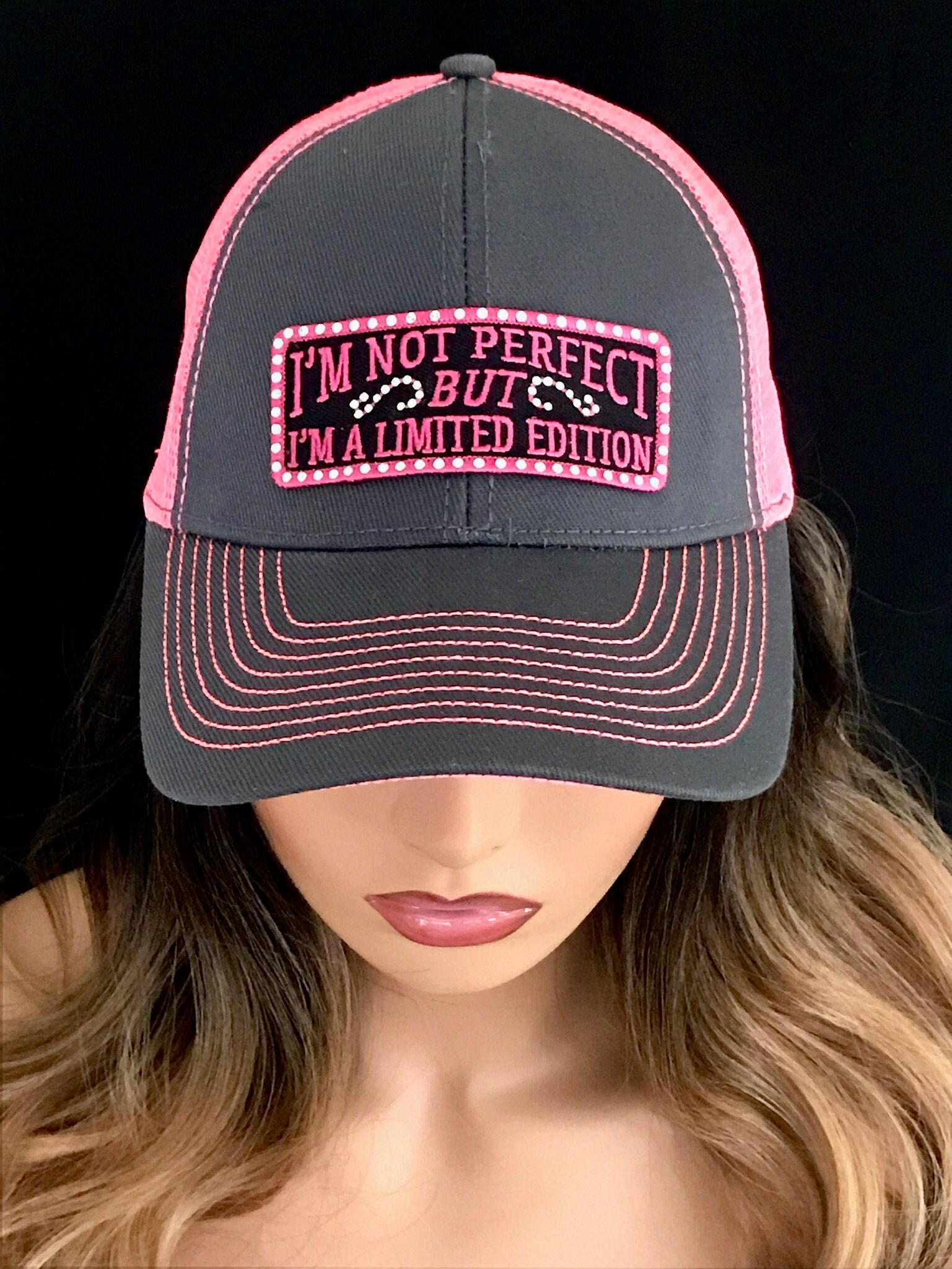 Ladies Pink And Gray Trucker Hat I m Not Perfect But I m A Limited