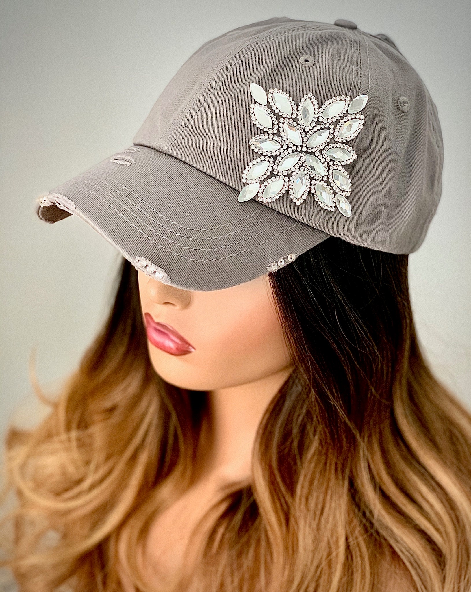 Bling hat~Crystal Appliqué~Gray Ponytail Baseball Hat***Ready to Ship***