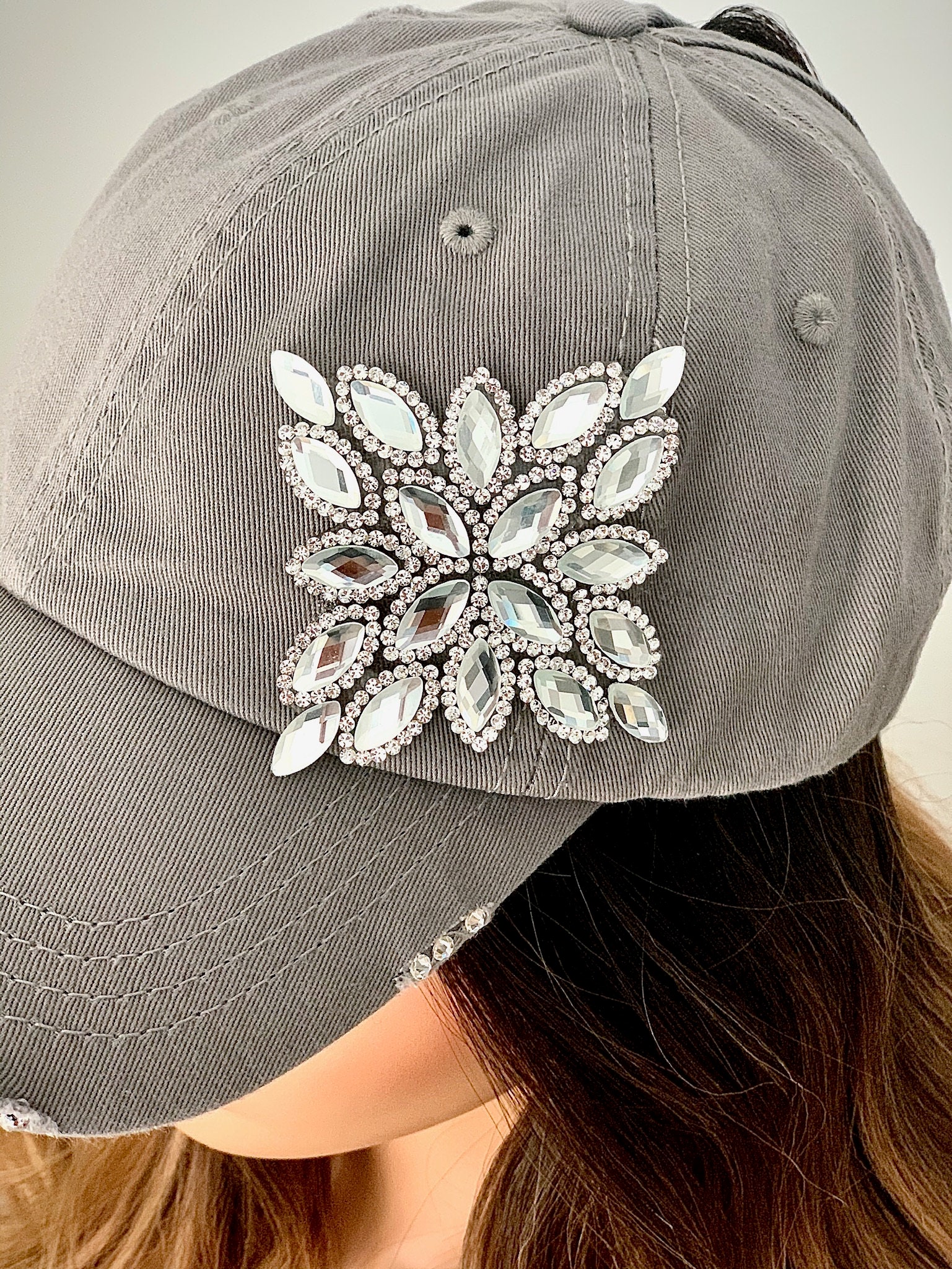 Bling hat~Crystal Appliqué~Gray Ponytail Baseball Hat***Ready to Ship***
