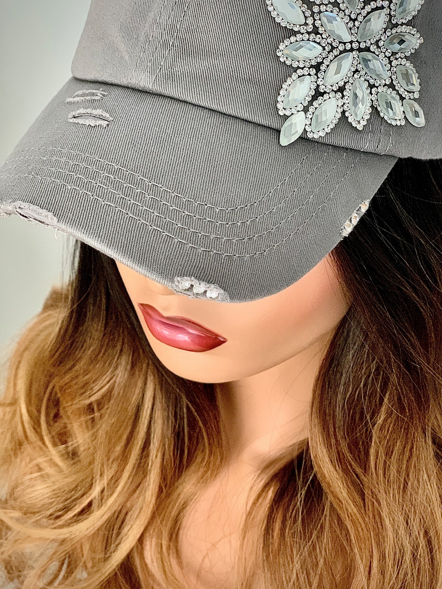 Bling hat~Crystal Appliqué~Gray Ponytail Baseball Hat***Ready to Ship***