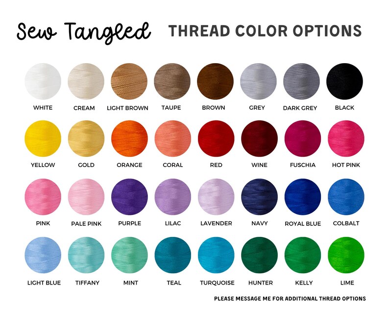 a collection of thread color options, including various shades of white, cream, light brown, taupe, brown, grey, black, and other colors. The text "Sew Tangled THREAD COLOR OPTIONS" is prominently displayed, indicating the purpose of the image.