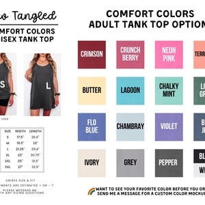 The image is a collage of various colored tank tops, each with different styles and sizes, along with a list of comfort colors and adult tank top options.