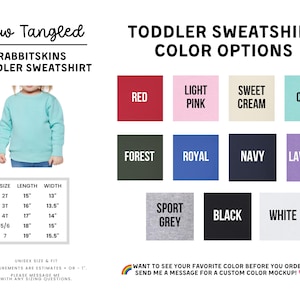 The image is a collage of various color options for a toddler sweatshirt, including different shades of blue, green, pink, and black.