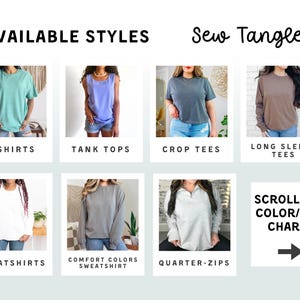 The image is a collage of various clothing styles, including T-shirts, tank tops, crop tees, long sleeves, sweatshirts, and crop tees, arranged in a grid format.