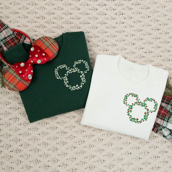 Mickey Mistletoe Wreath Sweatshirt | Mickey Christmas Wreath Shirt | Mickey Wreath Sweatshirt | Embroidered Crewneck for Holiday Cheer
