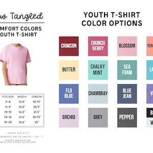 The image is a collage of various youth t-shirt colors and sizes, along with a pink t-shirt and a size chart.