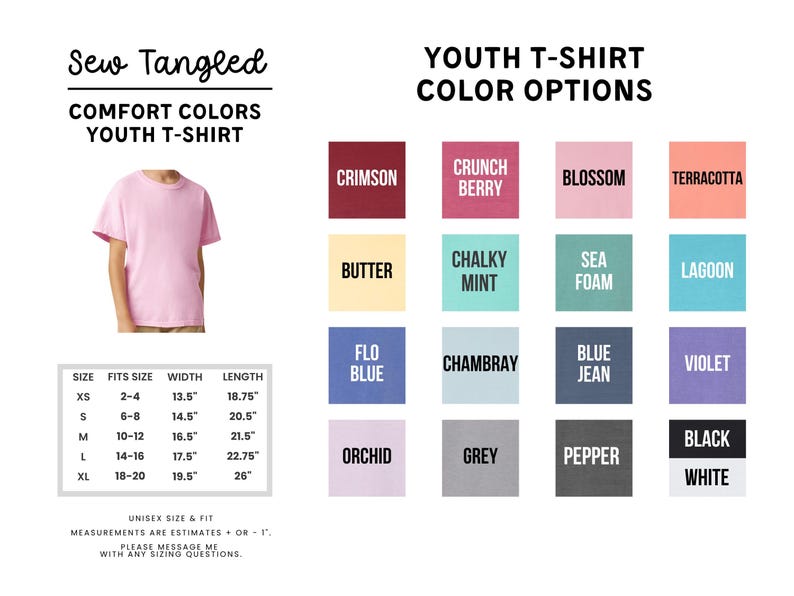 The image is a collage of various youth t-shirt colors and sizes, along with a pink t-shirt and a size chart.