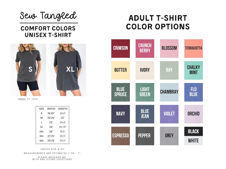 The image is a collage of various t-shirt designs, including different color options and styles, along with their corresponding measurements and fit information.