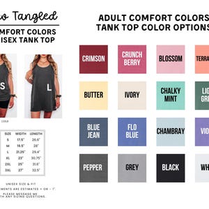 The image is a collage of various colored tank tops, each with different styles and sizes, along with a list of adult comfort colors and tank top color options.