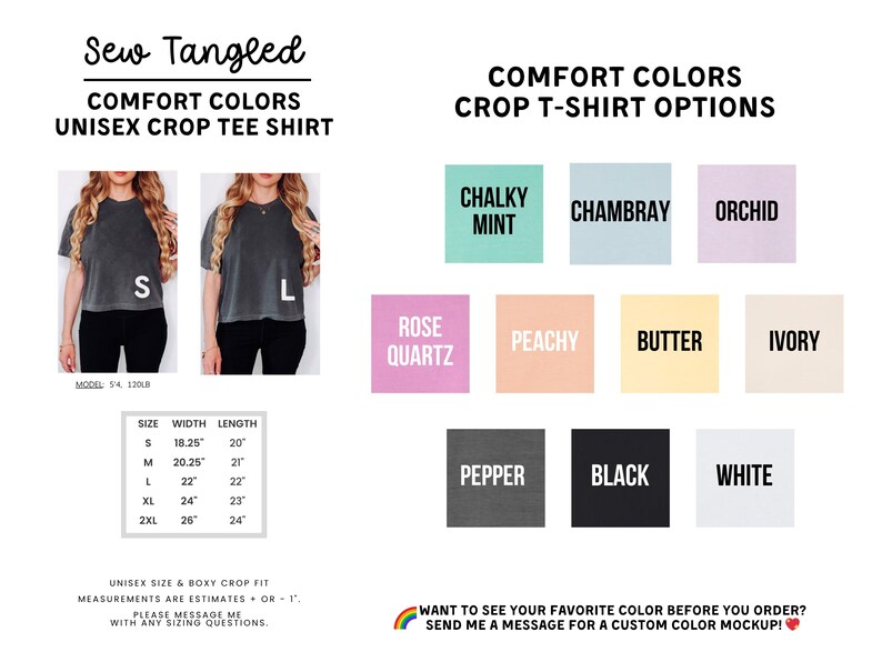 The image is a collage of various images featuring different colored cropped t-shirt designs, along with a list of comfort colors and crop t-shirt options.