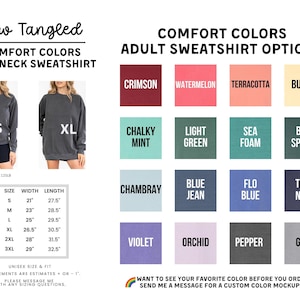 The image is a collage of various adult sweatshirt options, including crew necks, with different colors and styles. The text provides information about the comfort colors and crew neck sweatshirt options available for purchase.