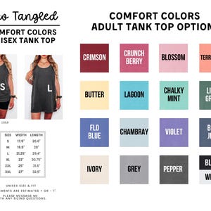 The image is a collage of various colored tank tops, along with a list of comfort colors and adult tank top top options.