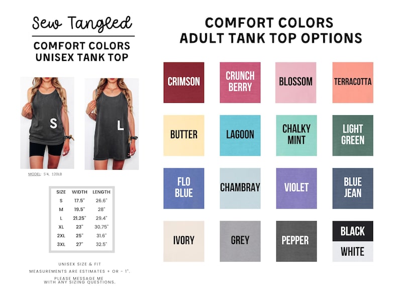 The image is a collage of various colored tank tops, along with a list of comfort colors and adult tank top top options.