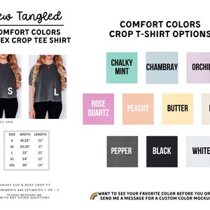 The image is a collage of various images featuring different colored cropped t-shirt designs, along with a list of comfort colors and crop t-shirt options.