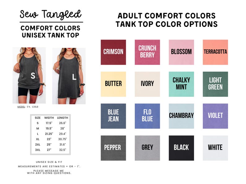 The image is a collage of various colored tank tops, each with different styles and sizes, along with a list of adult comfort colors and tank top color options.