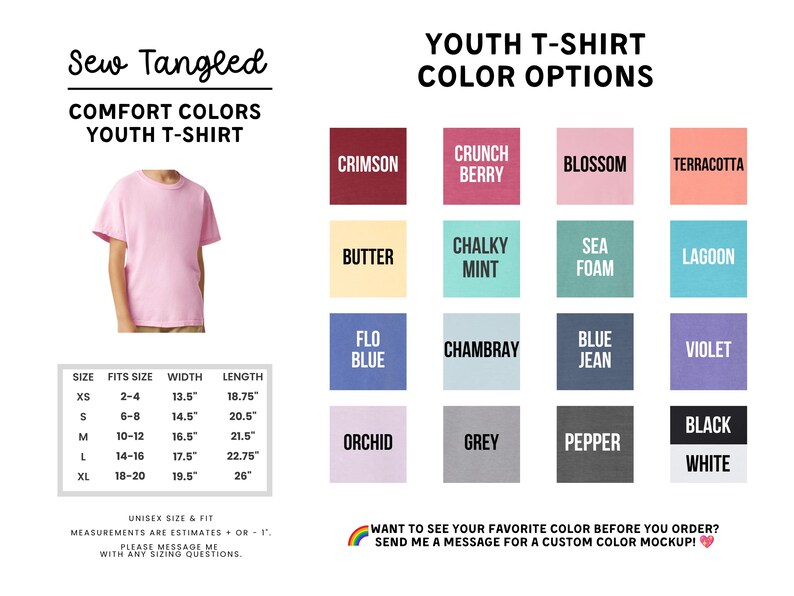 The image is a collection of various youth t-shirt colors, including pink, red, orange, black, and grey, along with corresponding size and fit information.