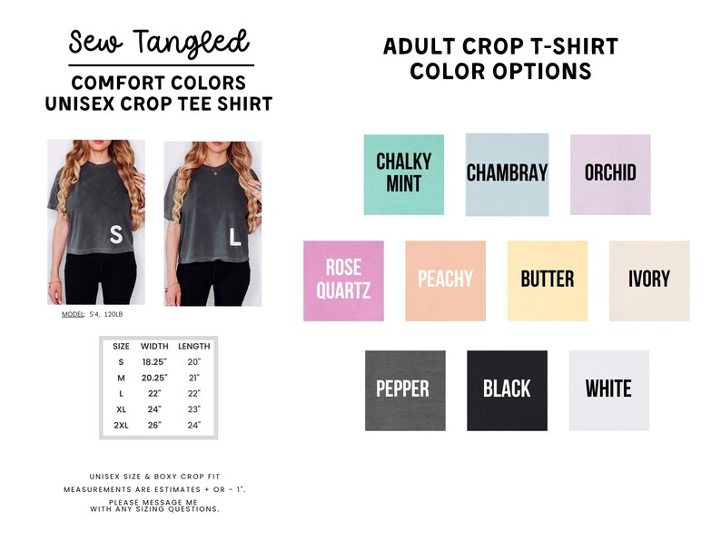The image is a collage of various images featuring different styles and colors of unisex crop t-shirts. It includes images of two women wearing the t-shirts, along with color options and measurements for each style.