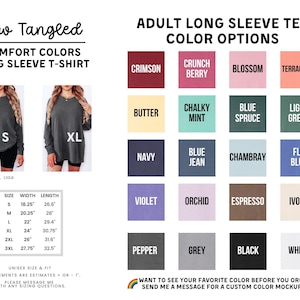 The image is a collage of various adult long sleeve t-shirt designs, including different colors and styles, along with measurements and a message for custom color mockups.