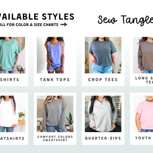 The image is a collage of various styles of clothing, including T-shirts, tank tops, crop tees, long sleeve tees, sweatshirts, and youth sizes.