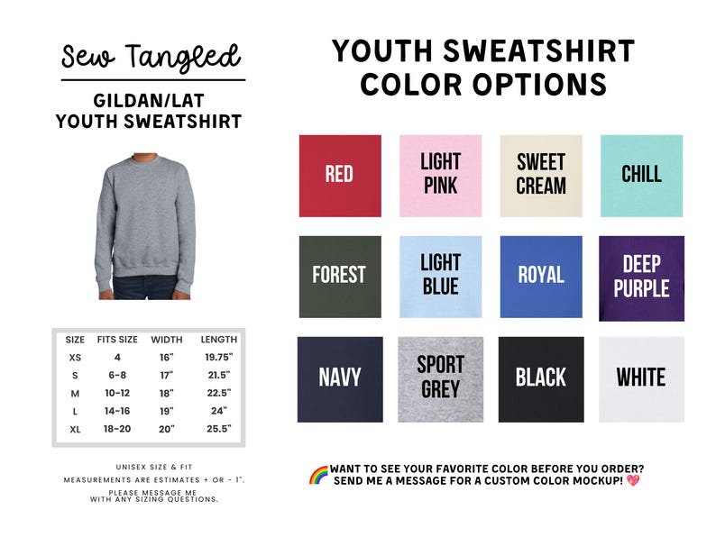 The image is a colorful selection of youth sweatshirt designs, including various colors and styles, along with a size chart and a message for customers to see their favorite color before ordering.
