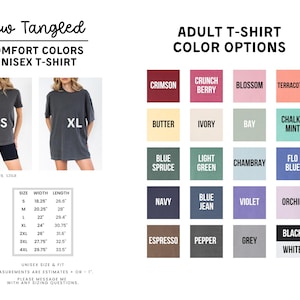 The image is a collage of various t-shirt designs, including different color options and styles, along with their corresponding measurements and fit information.