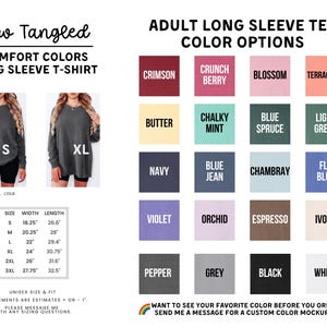 The image is a collage of various adult long sleeve t-shirt designs, including different colors and styles, along with measurements and a message for custom color mockups.