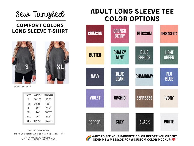 The image is a collage of various adult long sleeve t-shirt designs, including different colors and styles, along with measurements and a message for custom color mockups.