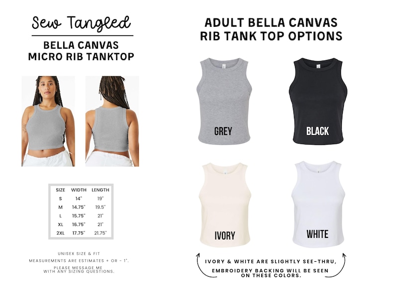 The image is a collage of two photos of women wearing gray and black tops, along with a description of adult Bella Canvas rib tank tops in grey, black, white, and ivory colors.