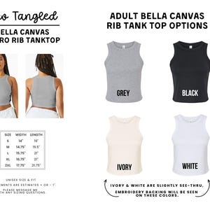 The image is a collage of two photos of women wearing gray and black tops, along with a description of adult Bella Canvas rib tank tops in grey, black, white, and ivory colors.