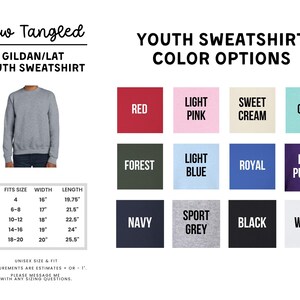 The image is a collage of various color options for a youth sweatshirt, including different shades of gray, red, pink, cream, and other colors.