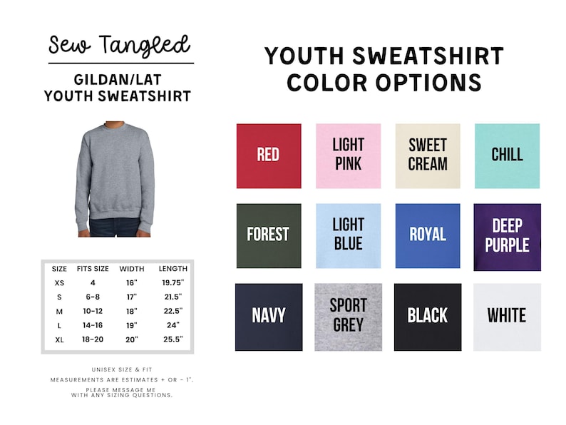 The image is a collage of various color options for a youth sweatshirt, including different shades of gray, red, pink, cream, and other colors.