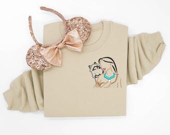 Sudadera de cuello redondo bordada con Pocahontas y Meeko, sudadera de Pocahontas, camiseta de Pocahontas, suéter de Disney, camiseta sin mangas de princesas de Disney, camiseta de Disney