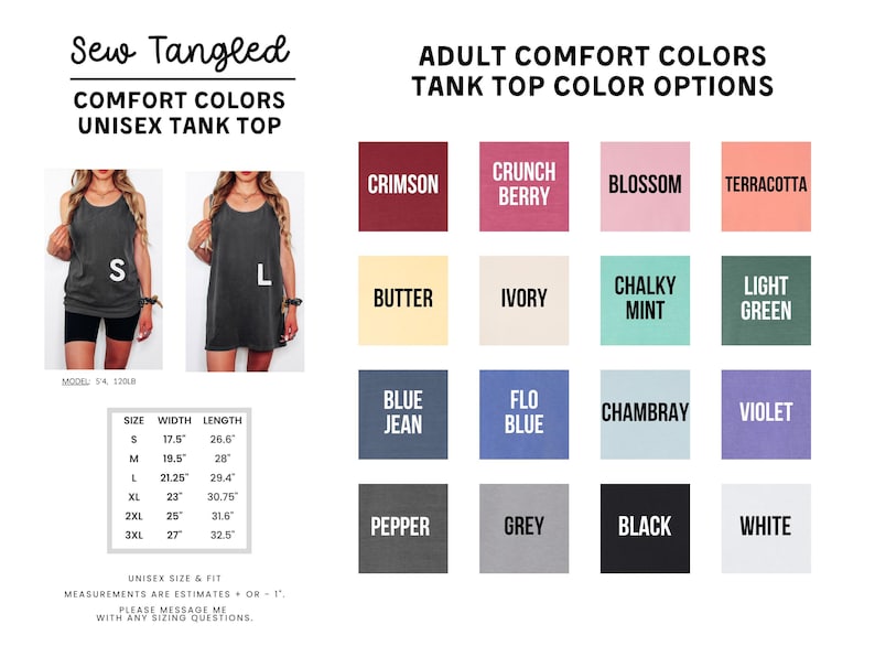 The image is a collage of various colored tank tops, each with different styles and sizes, along with a list of adult comfort colors and tank top color options.