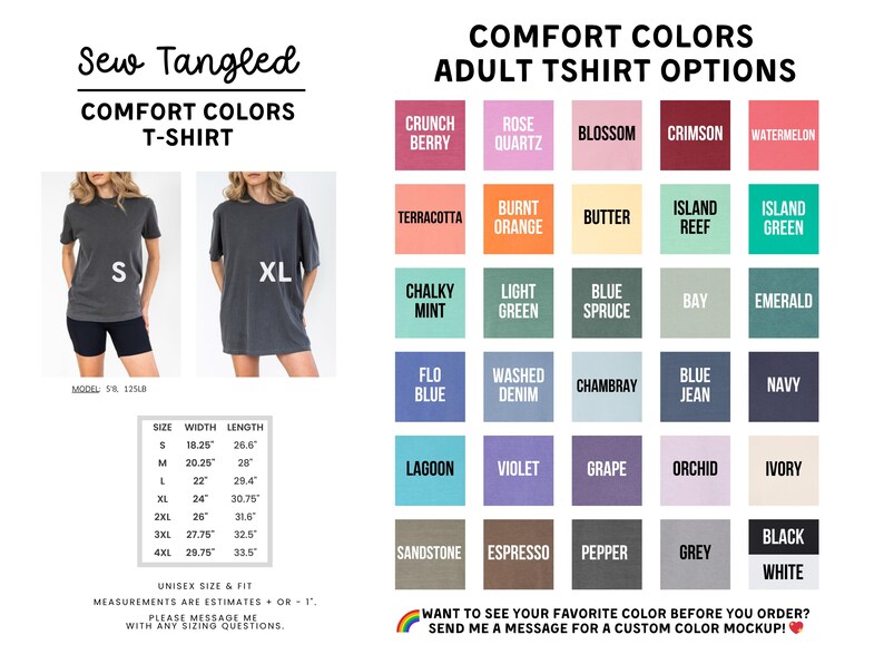 The image is a collage of various adult t-shirt options, including different colors and styles, along with their corresponding measurements and fit information.