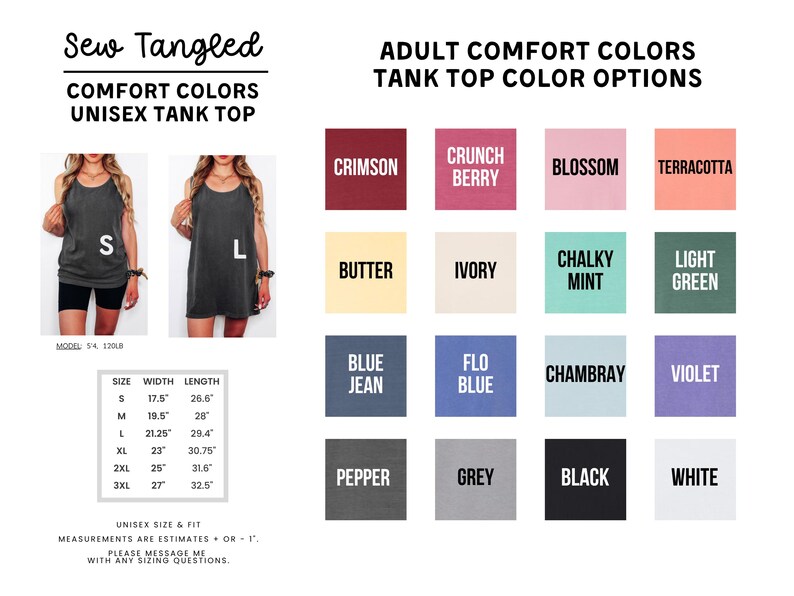 The image is a collage of various colored tank tops, each with different styles and sizes, along with a list of adult comfort colors and tank top color options.