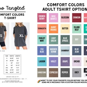The image is a collage of various adult t-shirt options, including different colors and styles, along with their corresponding measurements and fit information.